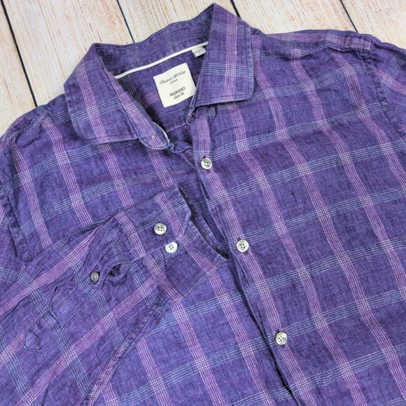 Baird McNutt Linen Button Up Shirt Plaid Checkered‎ Long Sleeve Purple Size L - Picture 1 of 8